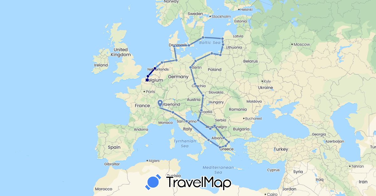 TravelMap itinerary: driving, cycling in Austria, Belgium, Switzerland, Czech Republic, Germany, Denmark, France, Greece, Croatia, Italy, Lithuania, Latvia, Montenegro, Macedonia, Netherlands, Poland, Sweden, San Marino (Europe)